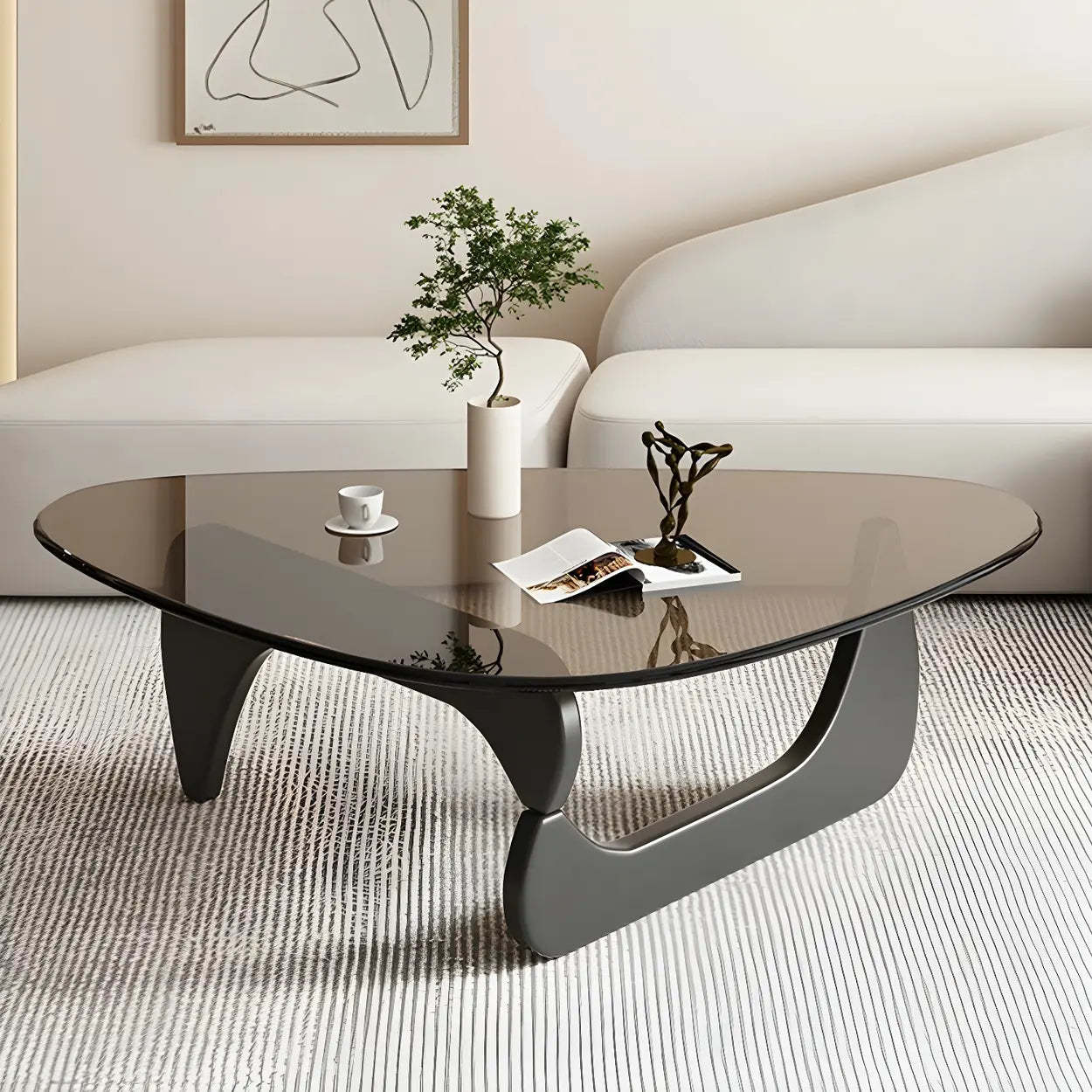 Triangle Glass Coffee Table with Wood Base — Gray Glass / Natural Finish