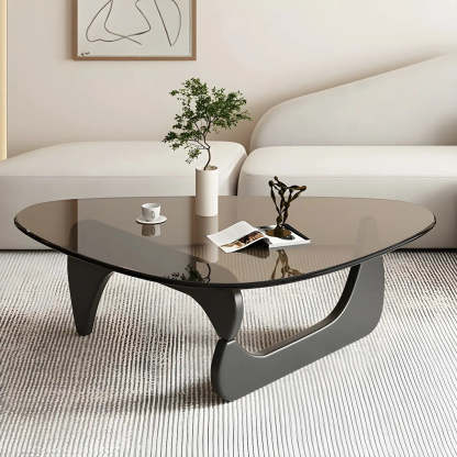 Triangle Glass Coffee Table with Wood Base — Gray Glass / Natural Finish