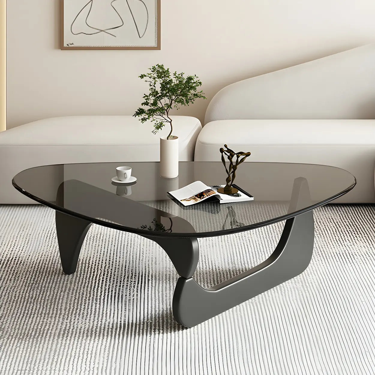 Triangle Glass Coffee Table with Wood Base — Gray Glass / Brown