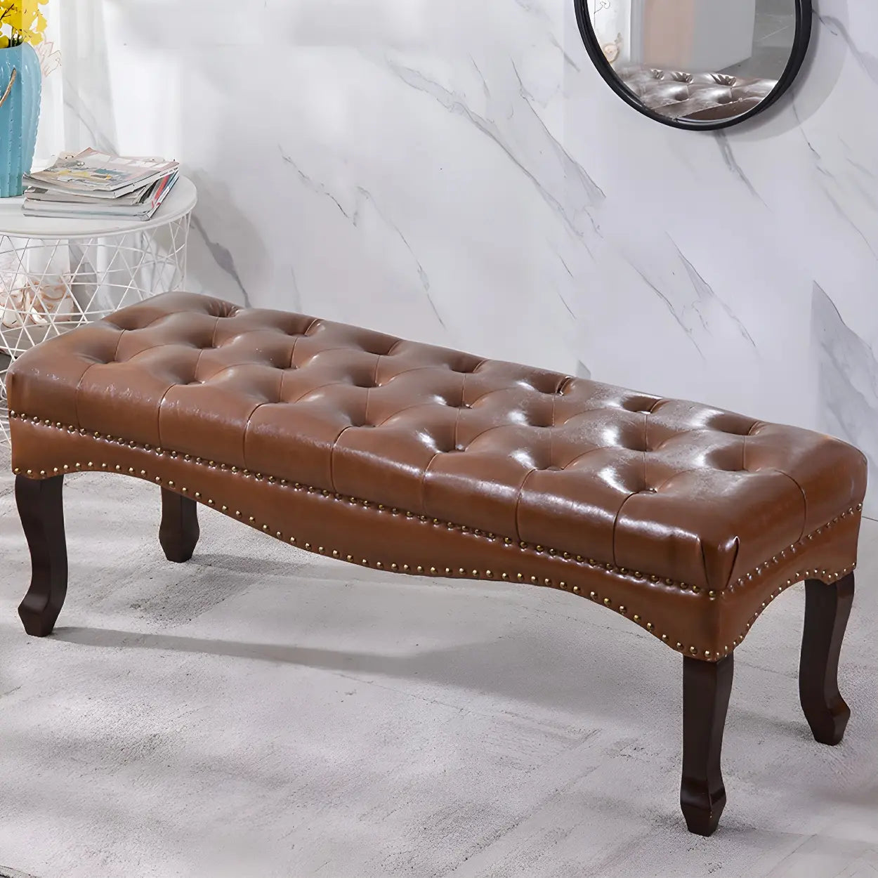 Tufted Faux Leather Bench with Studded Wood Legs — Beige