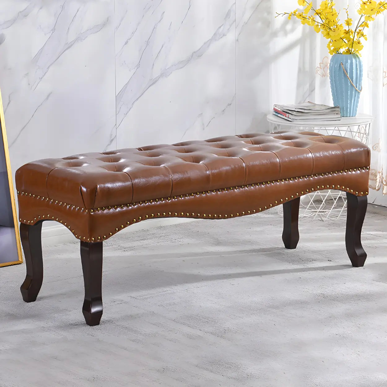 Tufted Faux Leather Bench with Studded Wood Legs — Burgundy