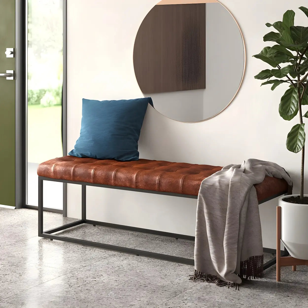 Tufted Leather Entryway Bench with Metal Frame — Light Brown