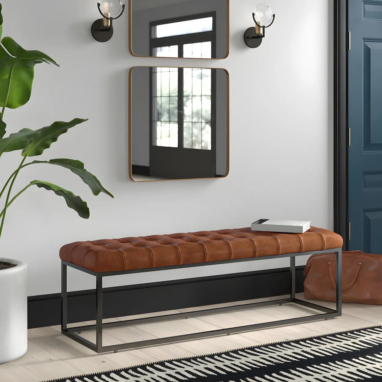Tufted Leather Entryway Bench with Metal Frame — Dark Coffee