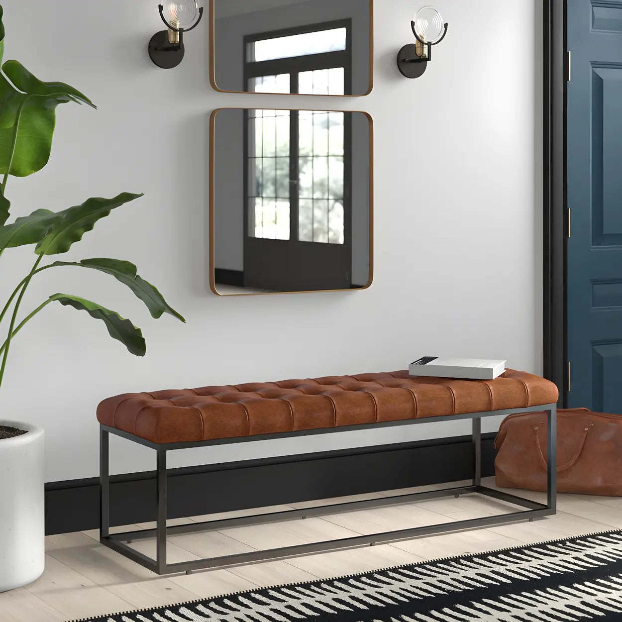 Tufted Leather Entryway Bench with Metal Frame — Dark Coffee