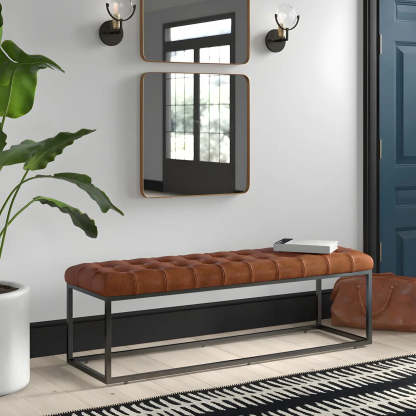Tufted Leather Entryway Bench with Metal Frame — Dark Coffee