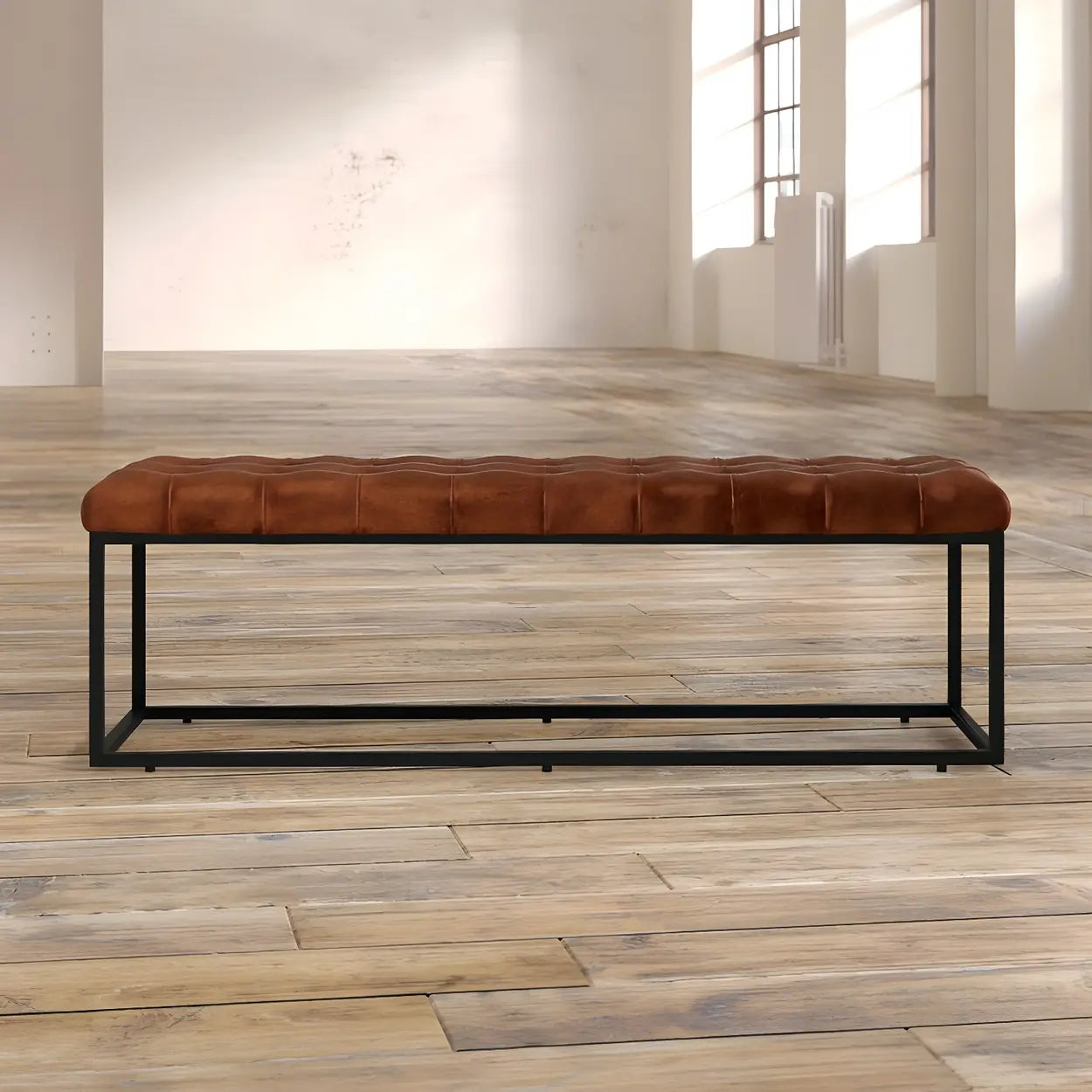 Tufted Leather Entryway Bench with Metal Frame — Light Brown