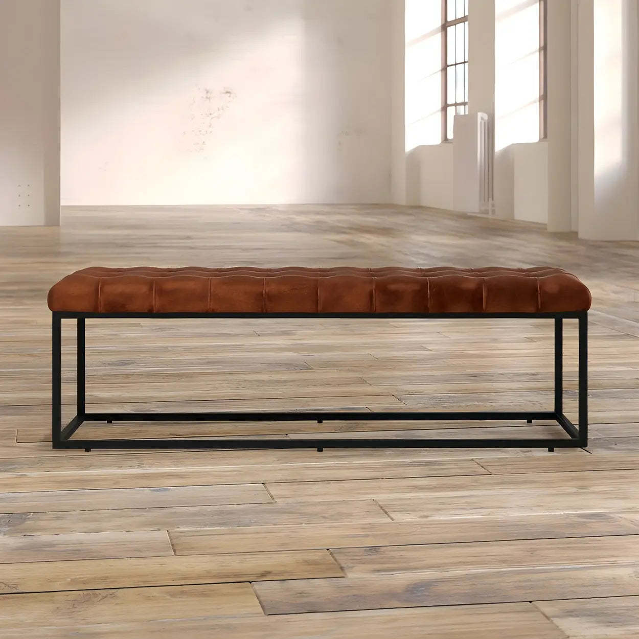 Tufted Leather Entryway Bench with Metal Frame — Light Brown