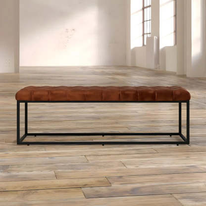 Tufted Leather Entryway Bench with Metal Frame — Light Brown