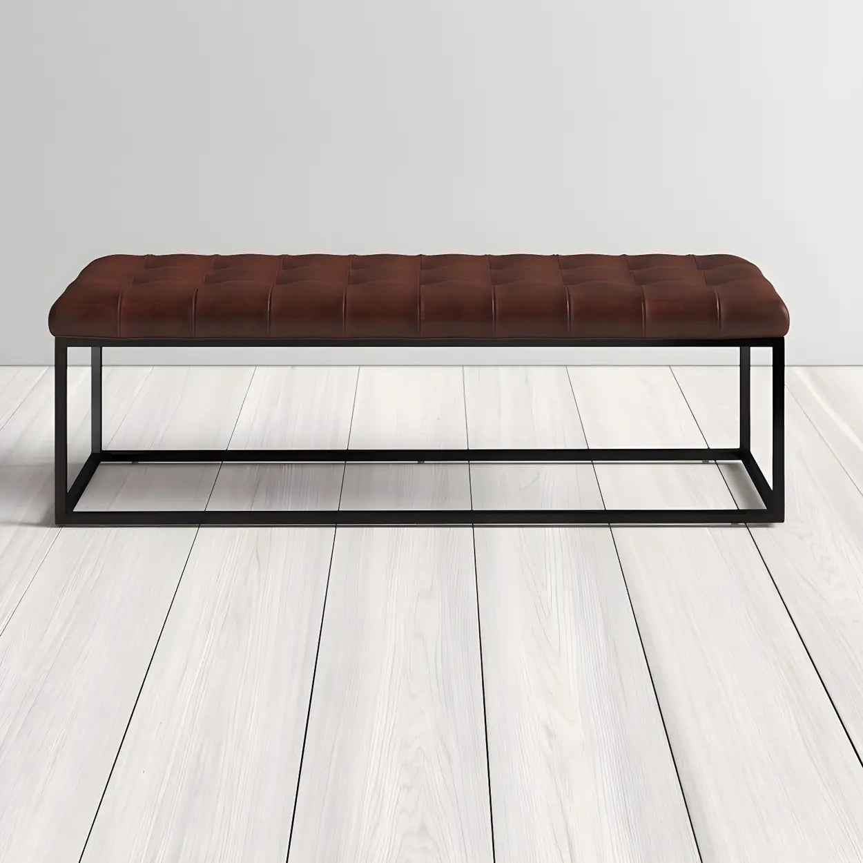 Tufted Leather Entryway Bench with Metal Frame — Dark Coffee