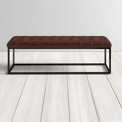 Tufted Leather Entryway Bench with Metal Frame — Dark Coffee