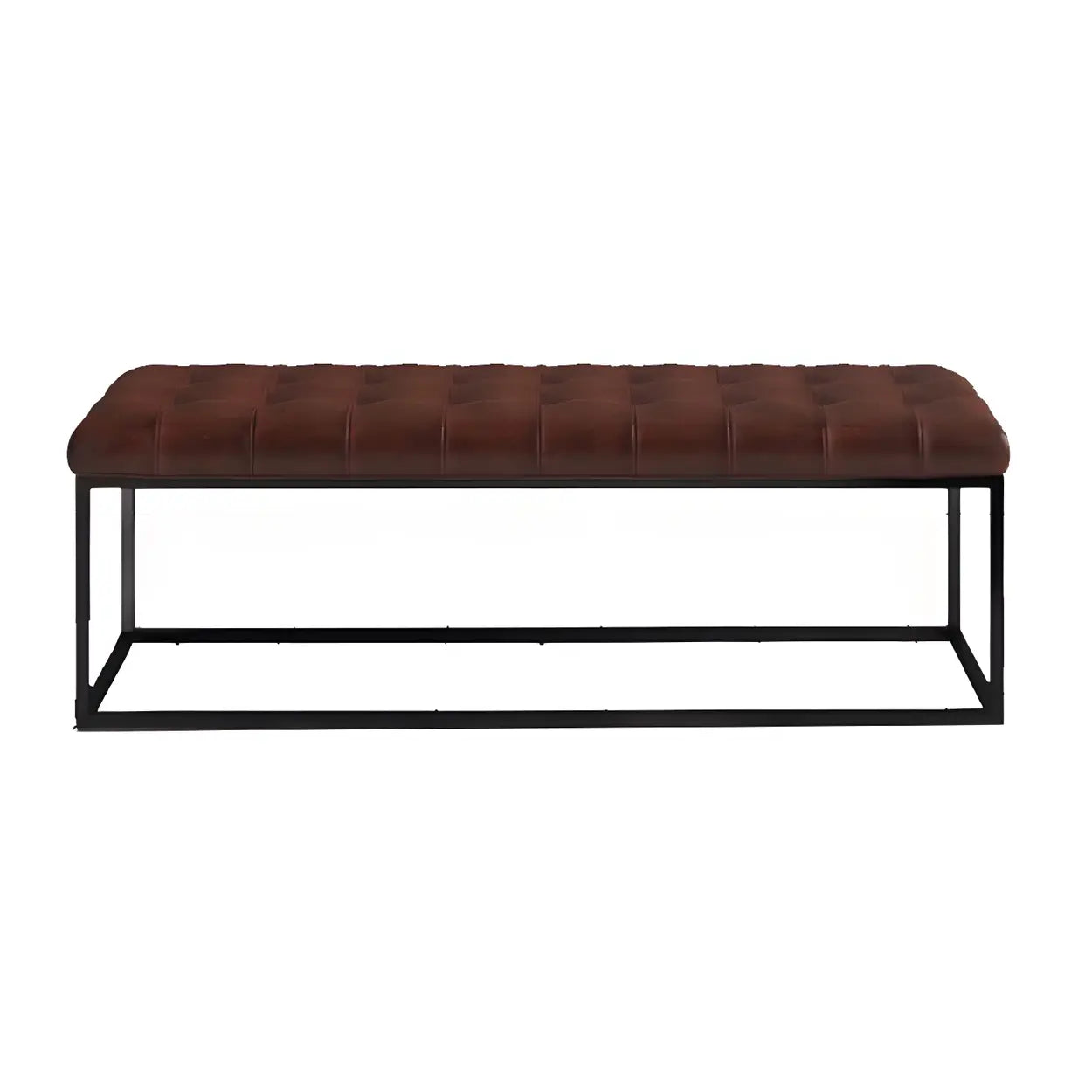 Tufted Leather Entryway Bench with Metal Frame — Light Brown