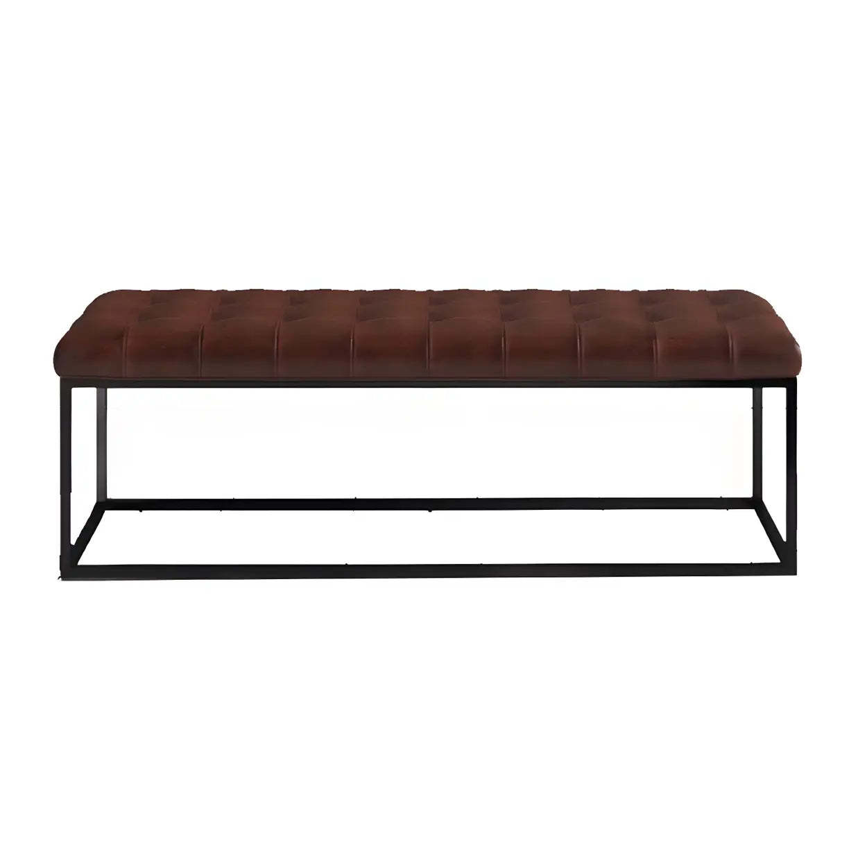 Tufted Leather Entryway Bench with Metal Frame — Light Brown