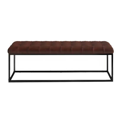 Tufted Leather Entryway Bench with Metal Frame — Light Brown