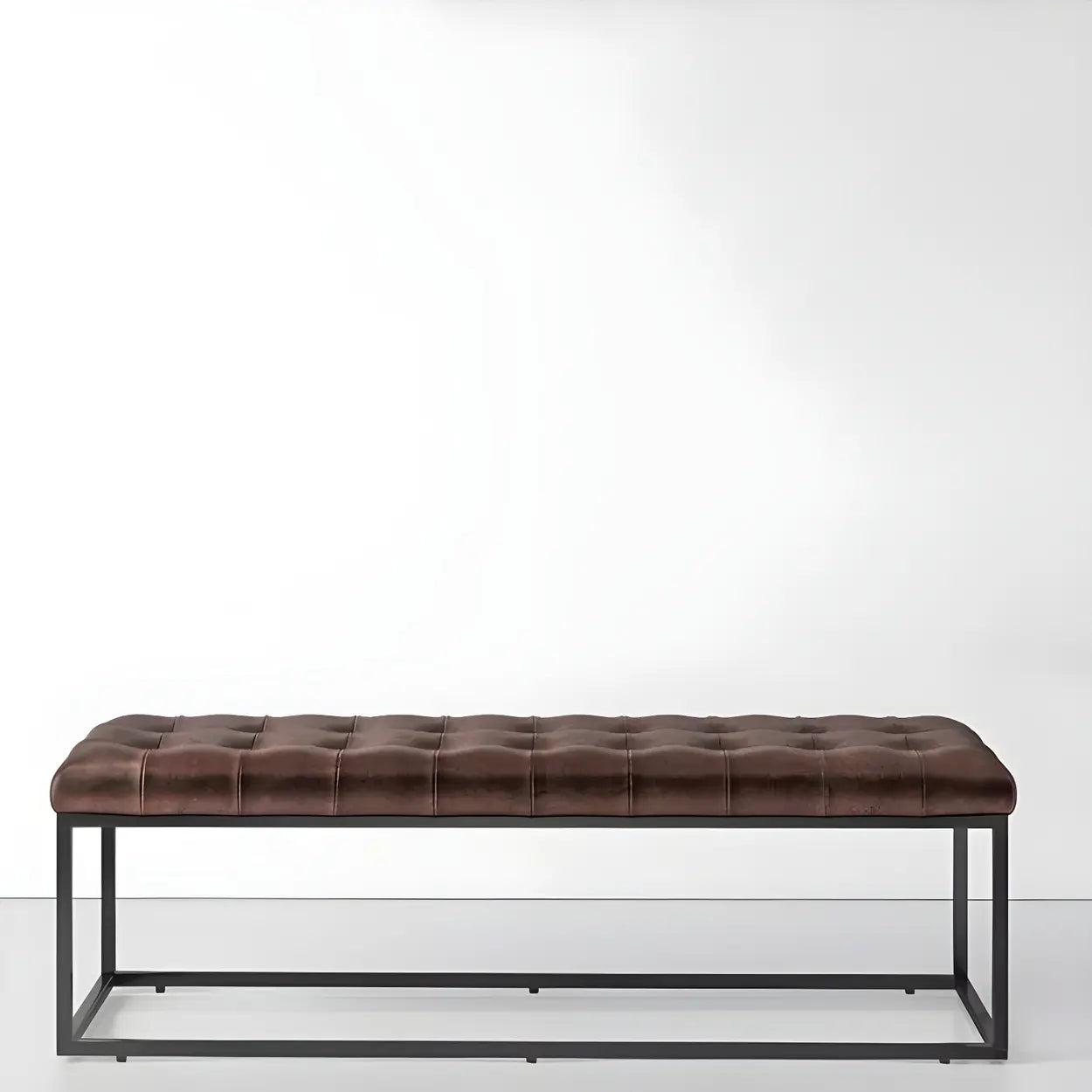 Tufted Leather Entryway Bench with Metal Frame — Dark Coffee