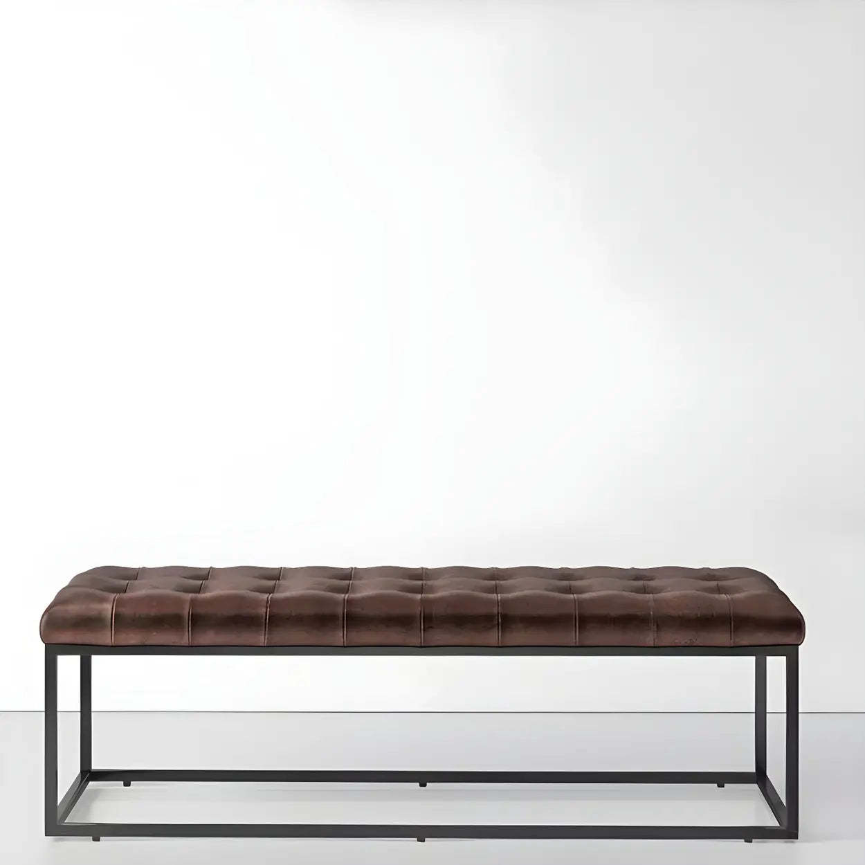 Tufted Leather Entryway Bench with Metal Frame — Dark Coffee