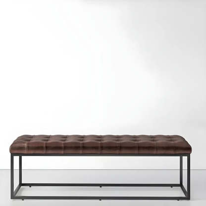 Tufted Leather Entryway Bench with Metal Frame — Dark Coffee