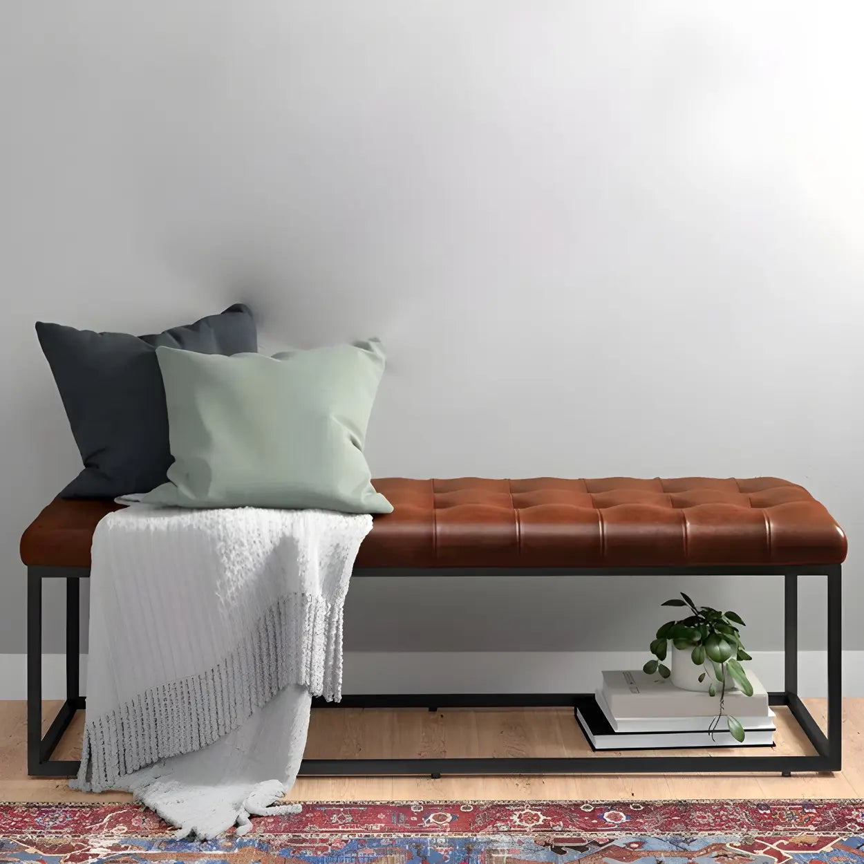 Tufted Leather Entryway Bench with Metal Frame — Light Brown