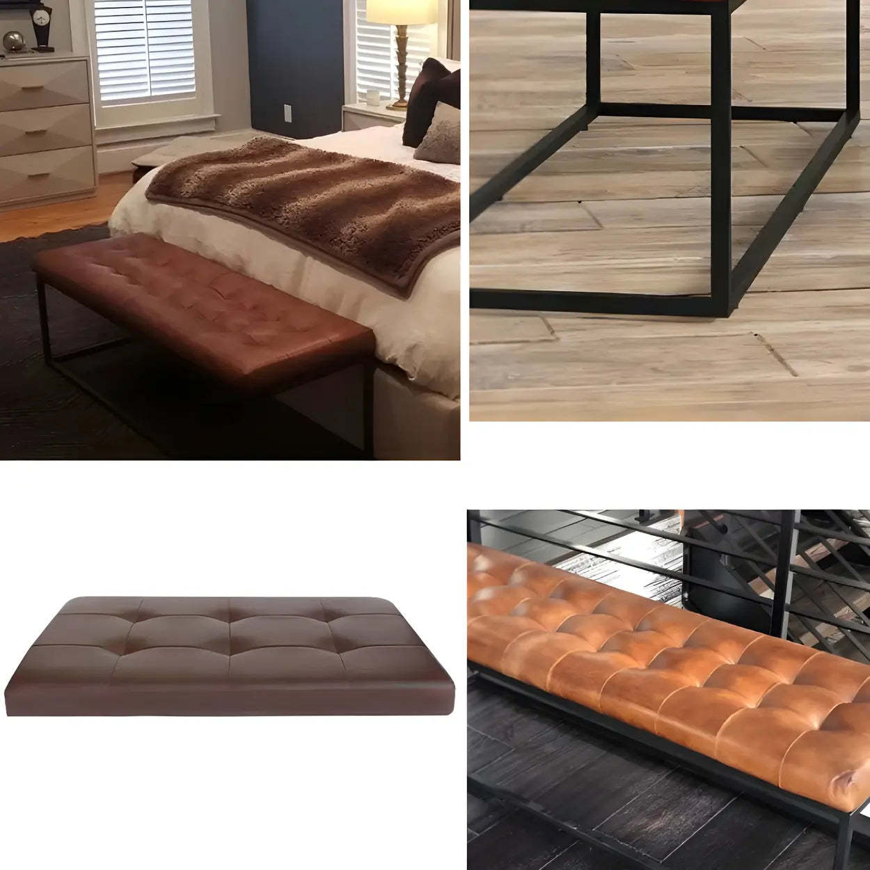 Tufted Leather Entryway Bench with Metal Frame — Dark Coffee