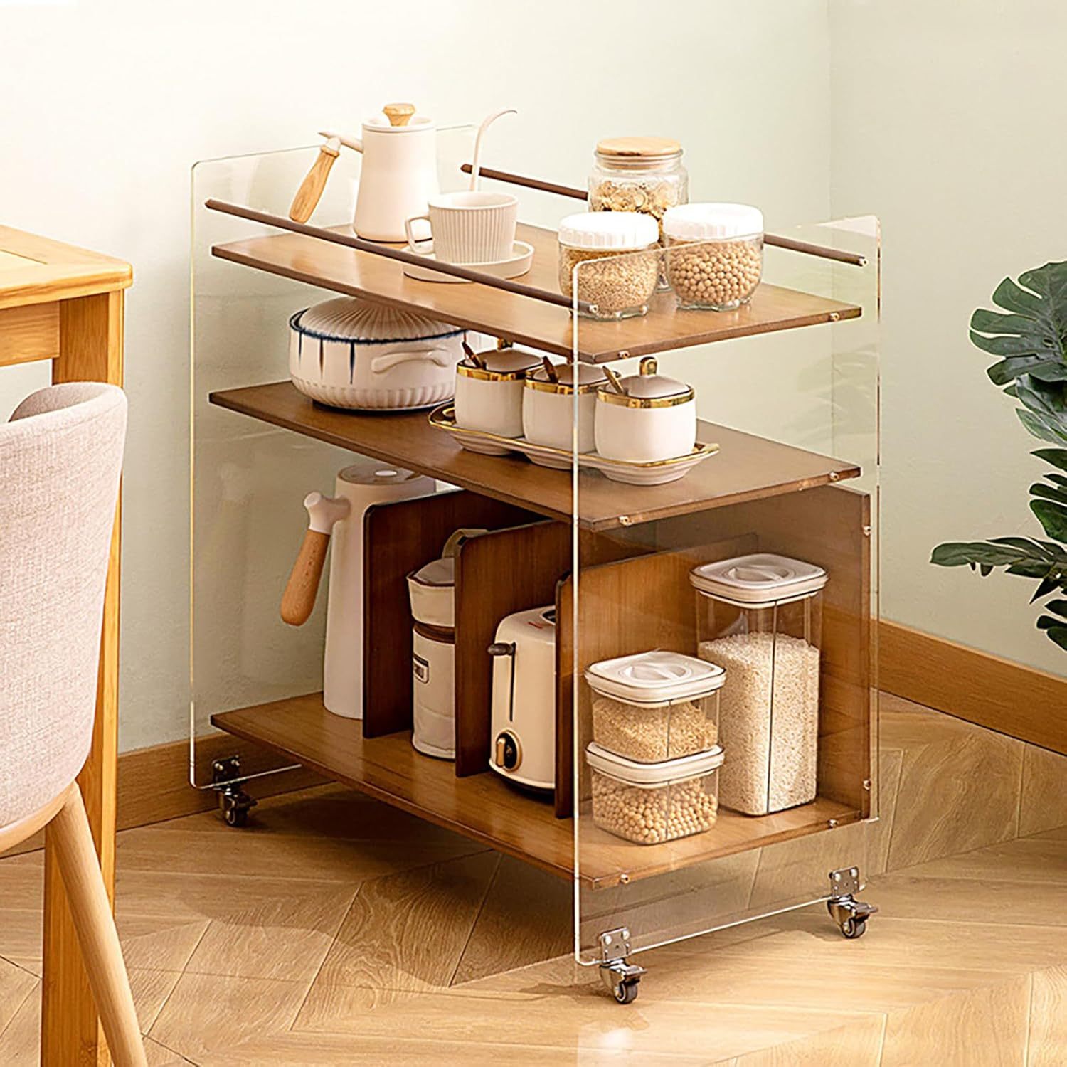Modern Wood Acrylic Movable Side Table 3-Tier