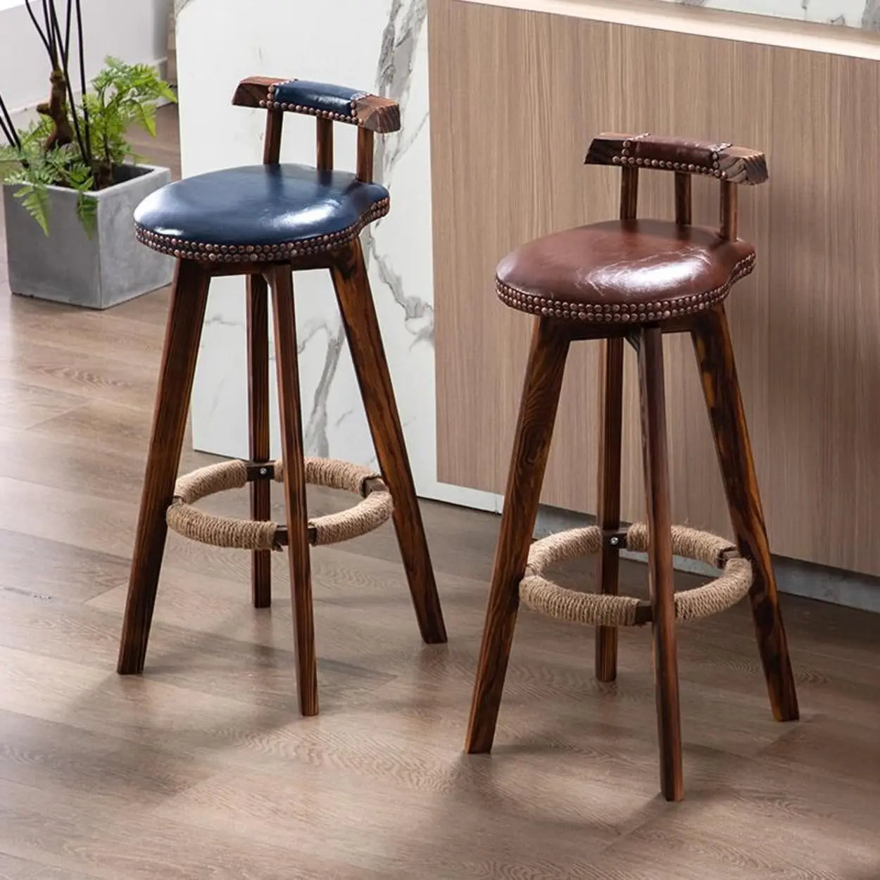 Unfinished Wood Round Low-Back Leather Bar Stool