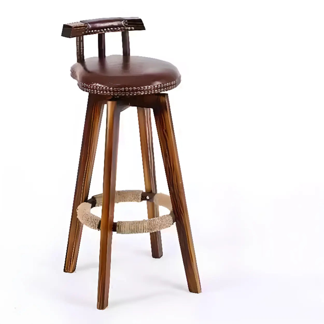 Unfinished Wood Round Low-Back Leather Bar Stool — Army Green / Brown