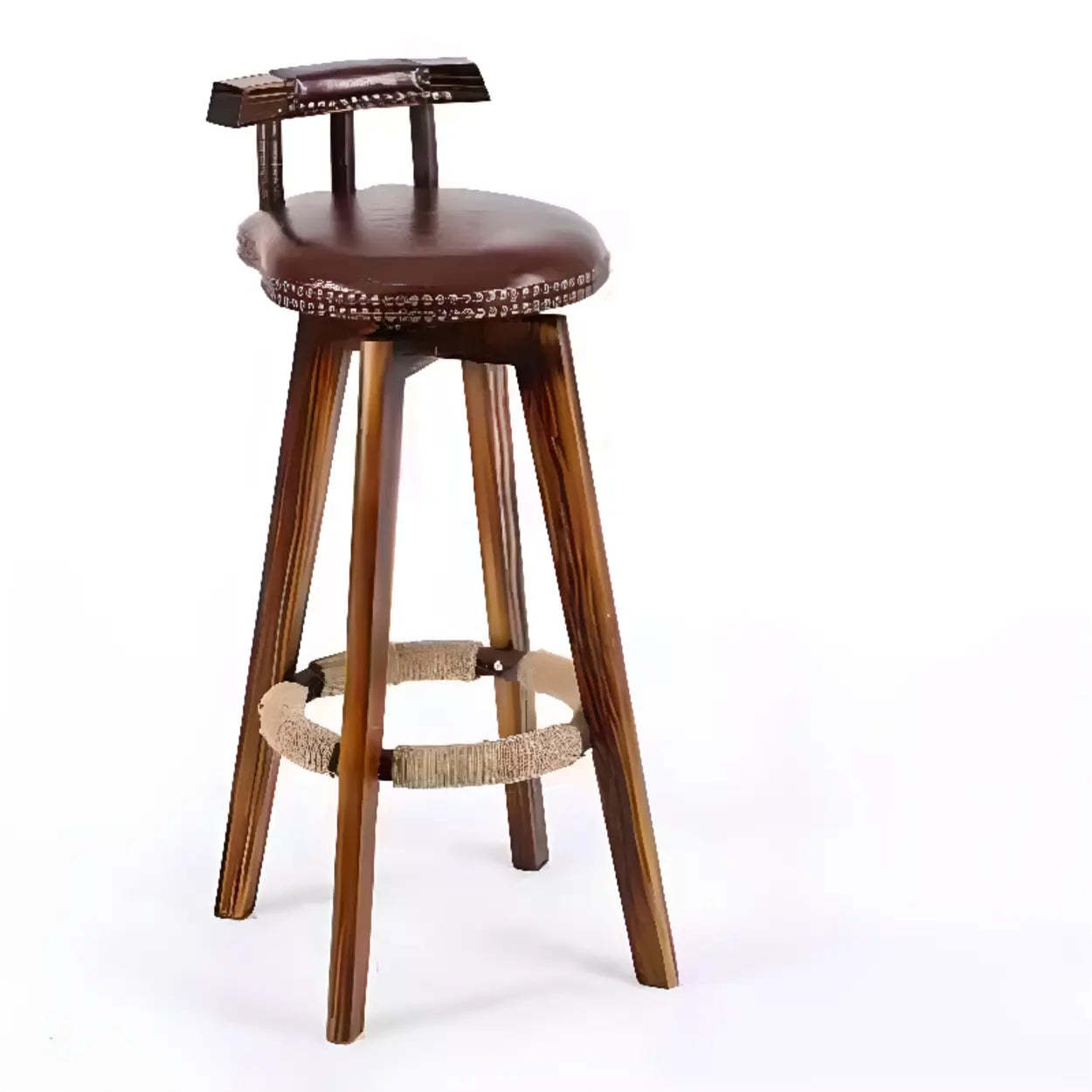 Unfinished Wood Round Low-Back Leather Bar Stool — Army Green / Brown