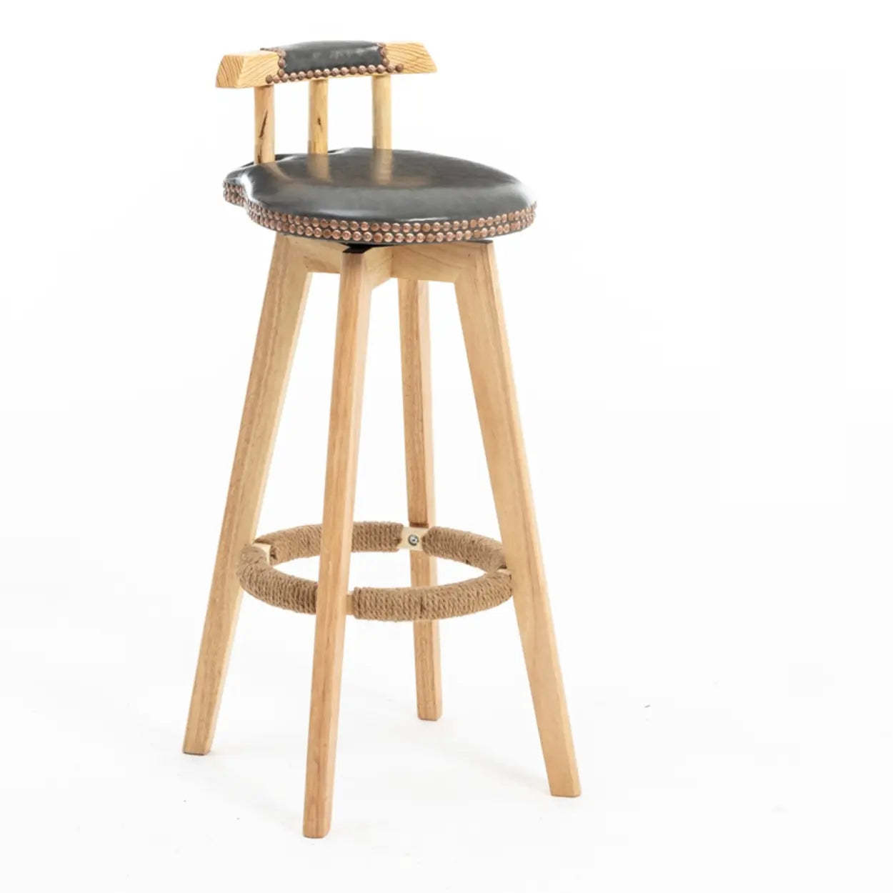 Unfinished Wood Round Low-Back Leather Bar Stool — Army Green / Natural