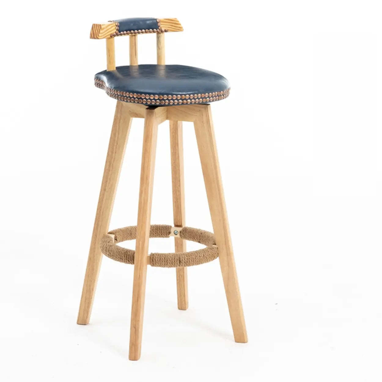 Unfinished Wood Round Low-Back Leather Bar Stool — Blackish Green / Brown