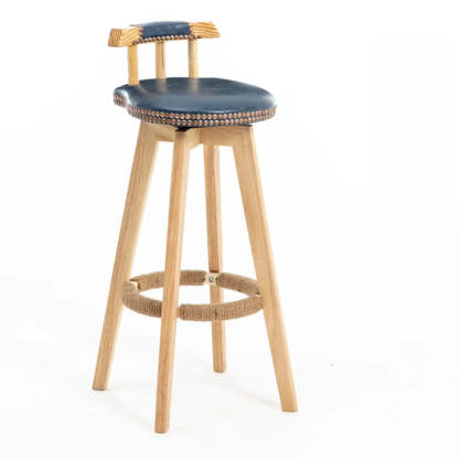 Unfinished Wood Round Low-Back Leather Bar Stool — Blackish Green / Brown