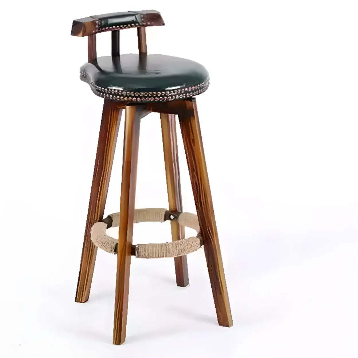 Unfinished Wood Round Low-Back Leather Bar Stool — Blackish Green / Natural