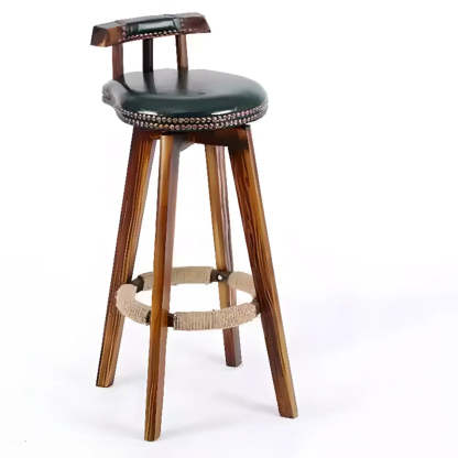 Unfinished Wood Round Low-Back Leather Bar Stool — Blackish Green / Natural