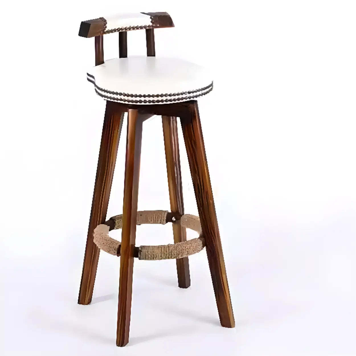 Unfinished Wood Round Low-Back Leather Bar Stool — Grey / Brown