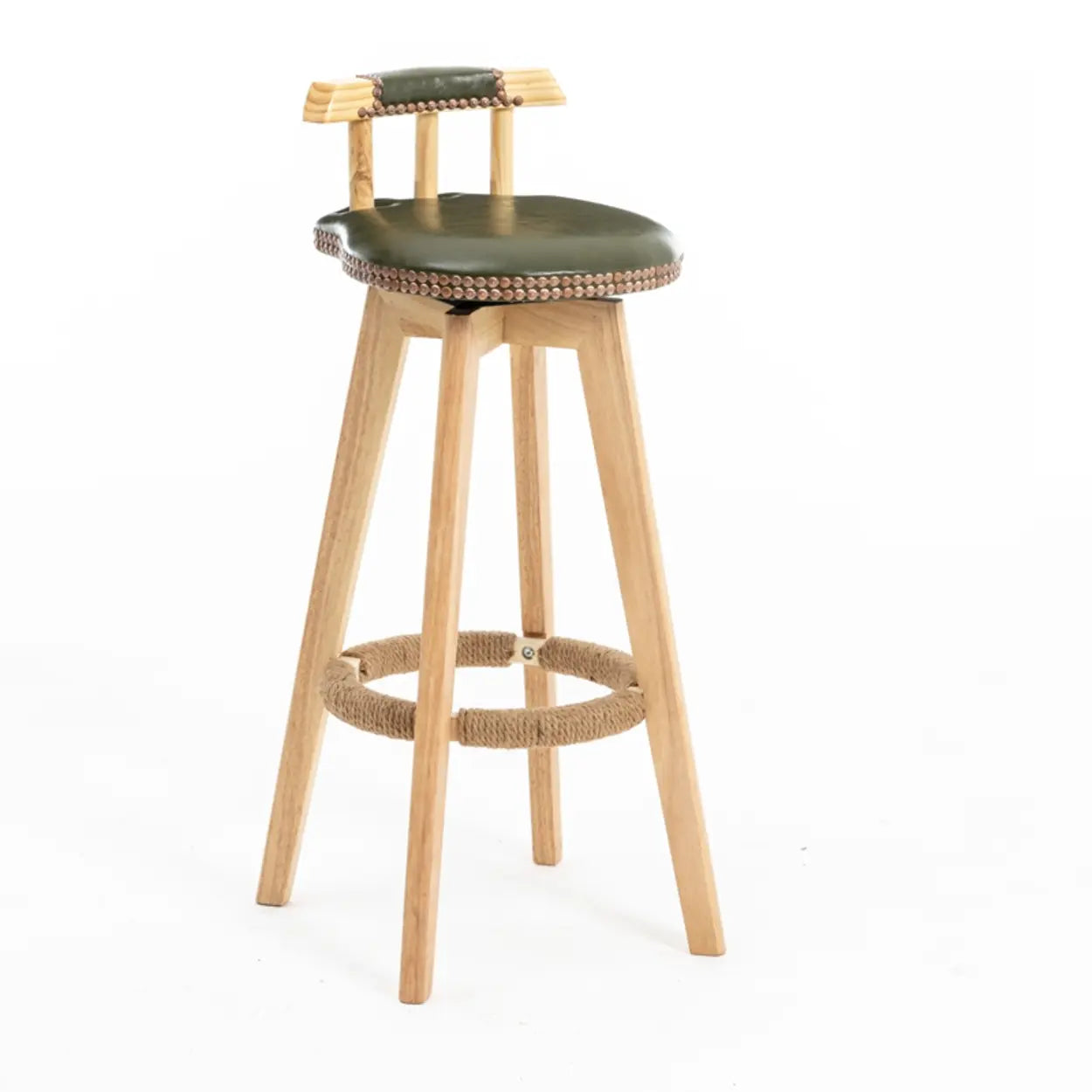 Unfinished Wood Round Low-Back Leather Bar Stool — Grey / Natural
