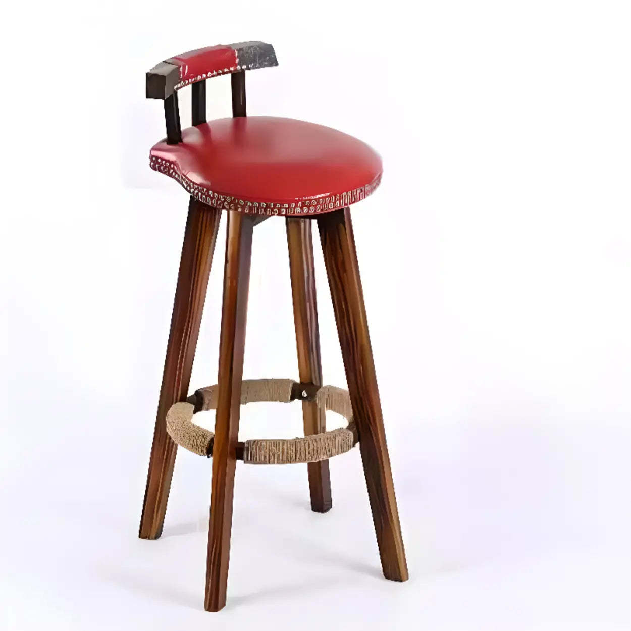 Unfinished Wood Round Low-Back Leather Bar Stool — Dark Blue / Brown