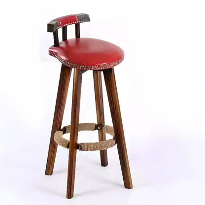 Unfinished Wood Round Low-Back Leather Bar Stool — Dark Blue / Brown