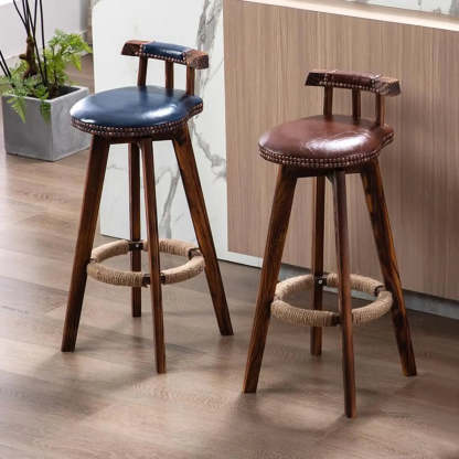 Unfinished Wood Round Low-Back Leather Bar Stool — Black / Brown