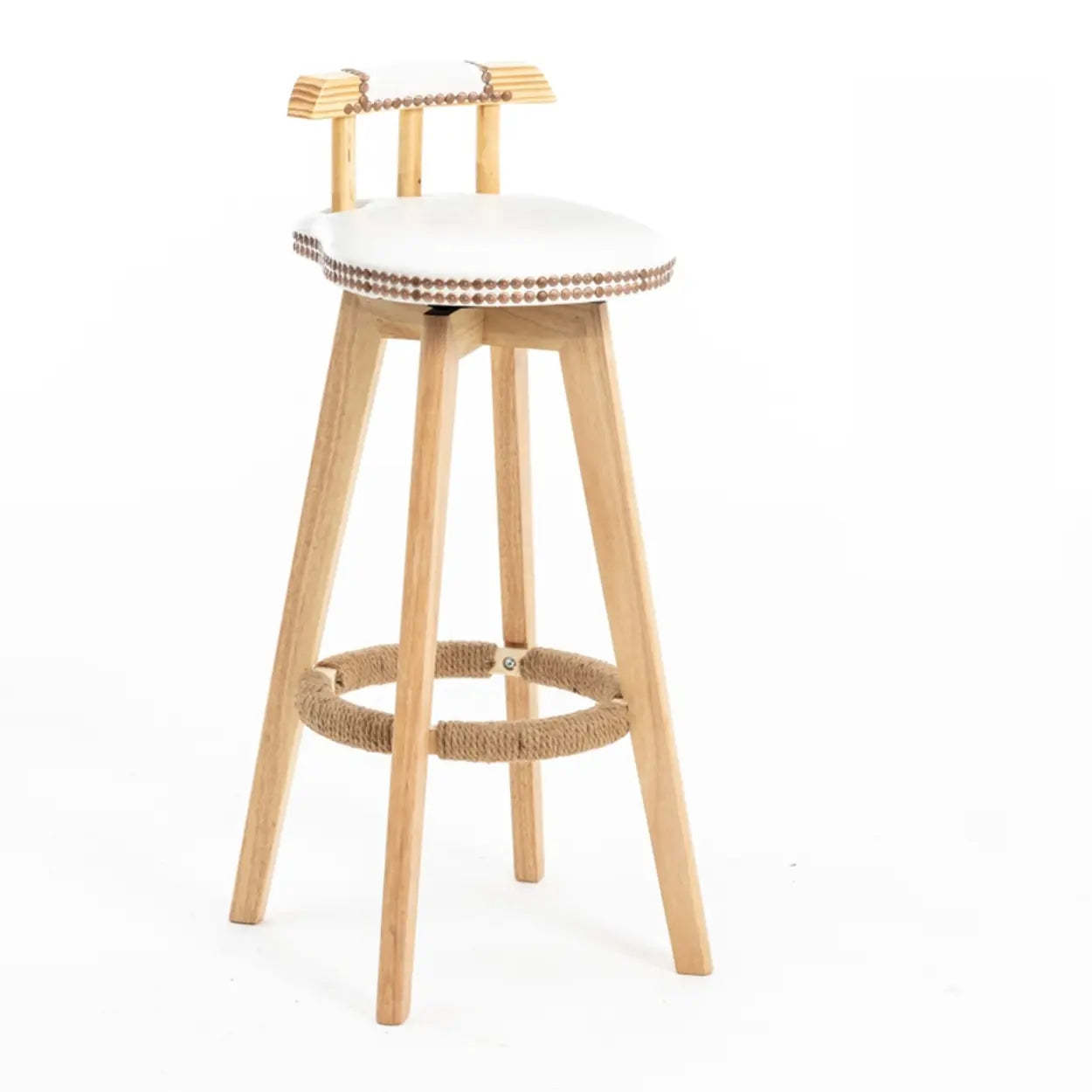 Unfinished Wood Round Low-Back Leather Bar Stool — White / Brown