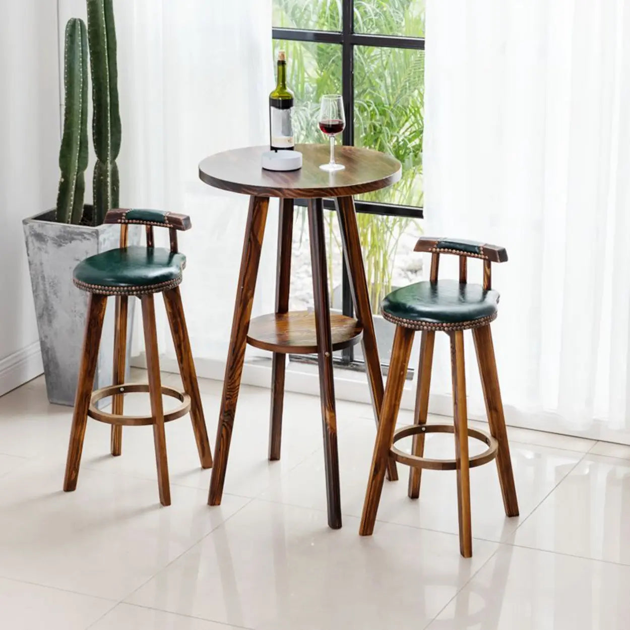 Unfinished Wood Round Low-Back Leather Bar Stool — White / Natural