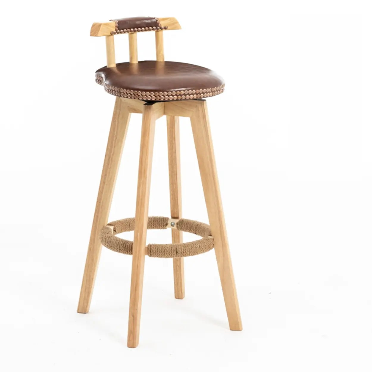 Unfinished Wood Round Low-Back Leather Bar Stool — Red / Brown