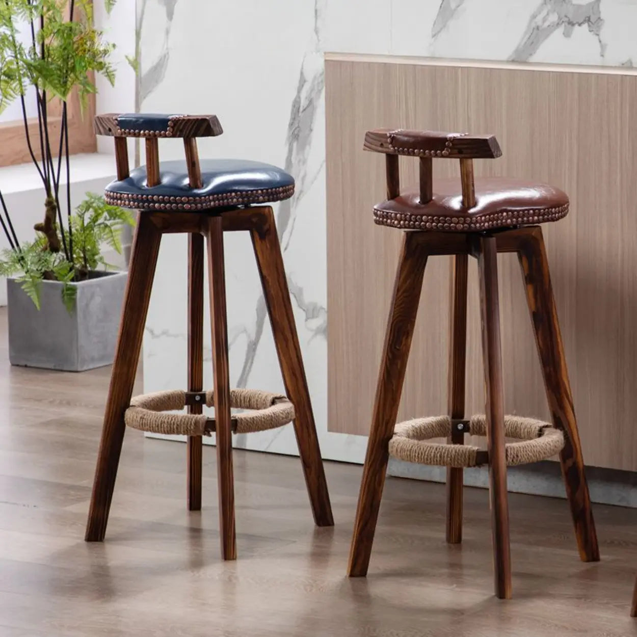 Unfinished Wood Round Low-Back Leather Bar Stool — Red / Natural