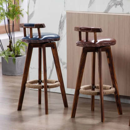Unfinished Wood Round Low-Back Leather Bar Stool — Red / Natural