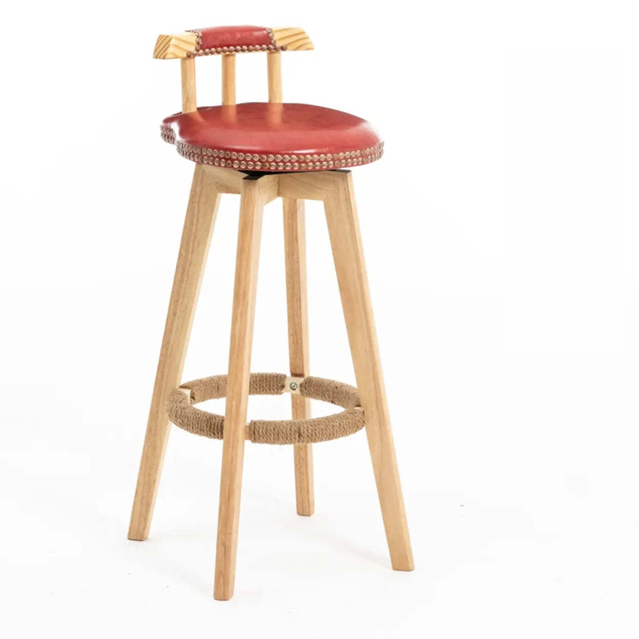 Unfinished Wood Round Low-Back Leather Bar Stool — Yellow / Natural