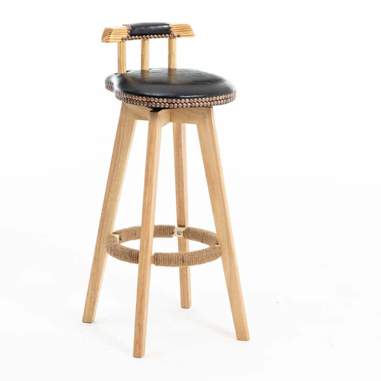 Unfinished Wood Round Low-Back Leather Bar Stool — Brown / Brown