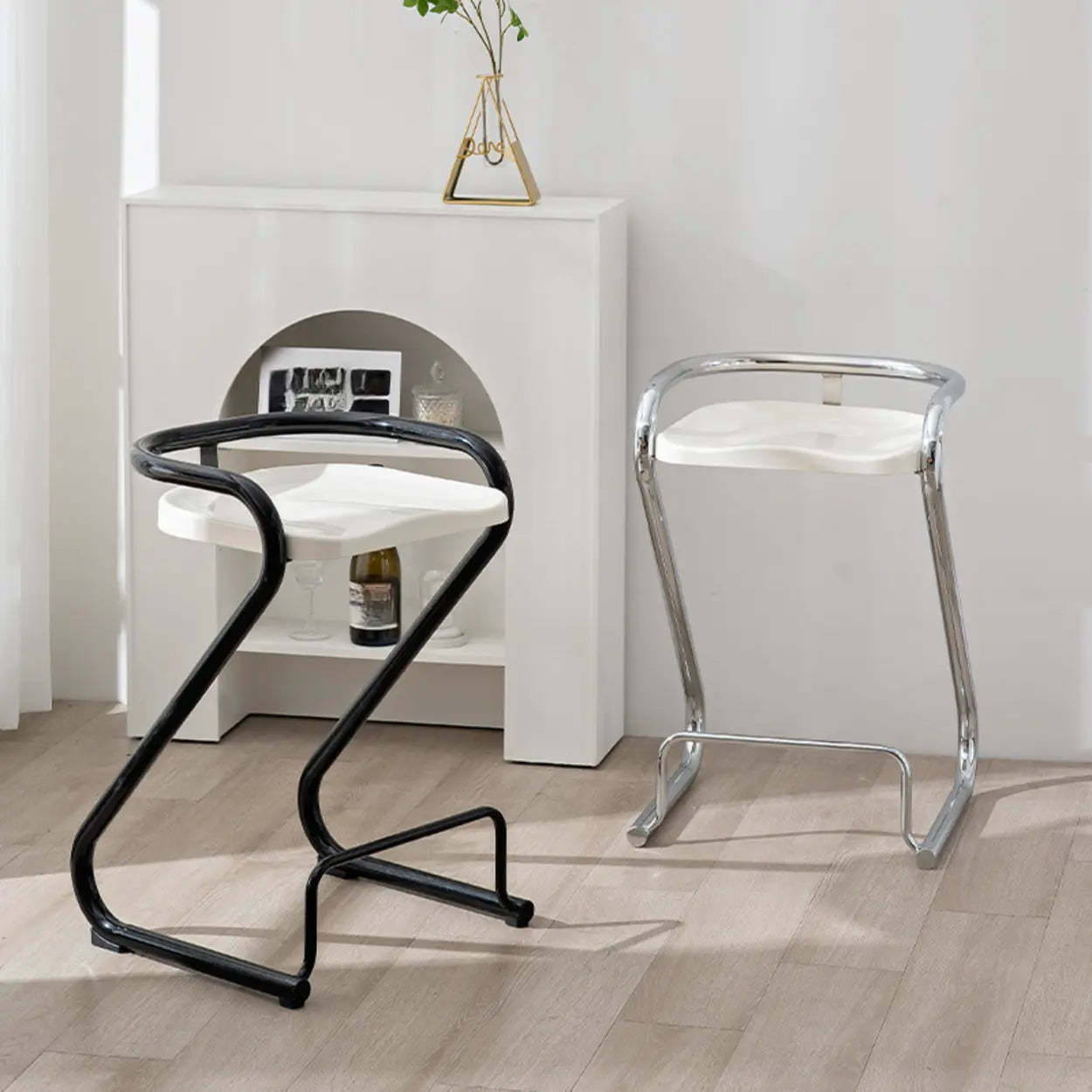 Curved Sled-Base Bucket Bar Stool with Footrest — Black / Black