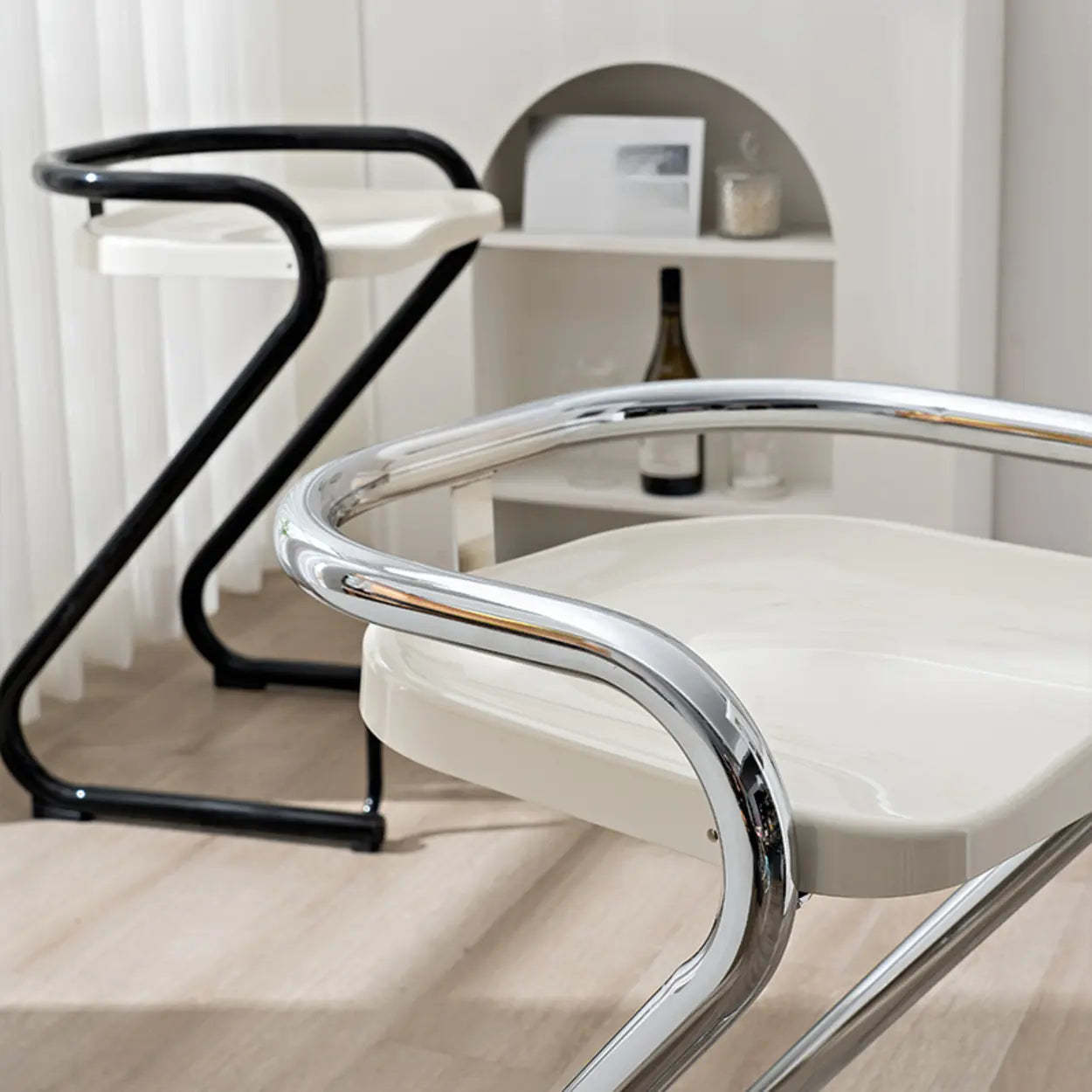 Curved Sled-Base Bucket Bar Stool with Footrest — Black / White
