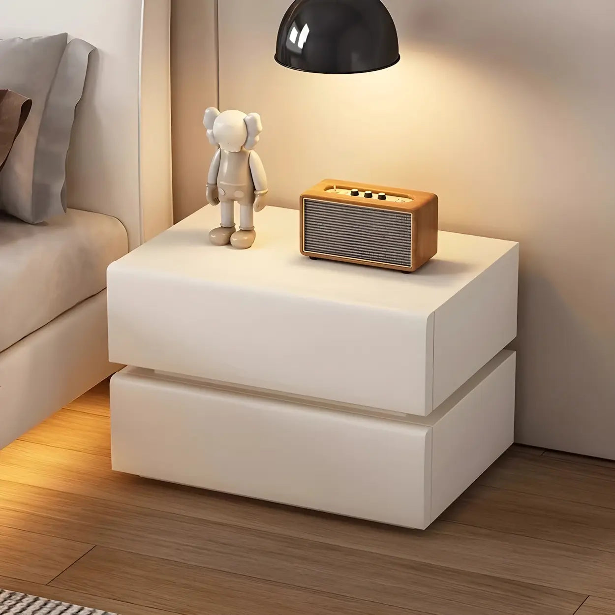 Unique Rectangular Off-White Wood Storage Nightstand