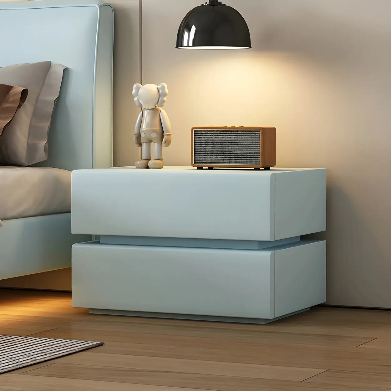 Unique Rectangular Off-White Wood Storage Nightstand — Black / 2 Piece Set