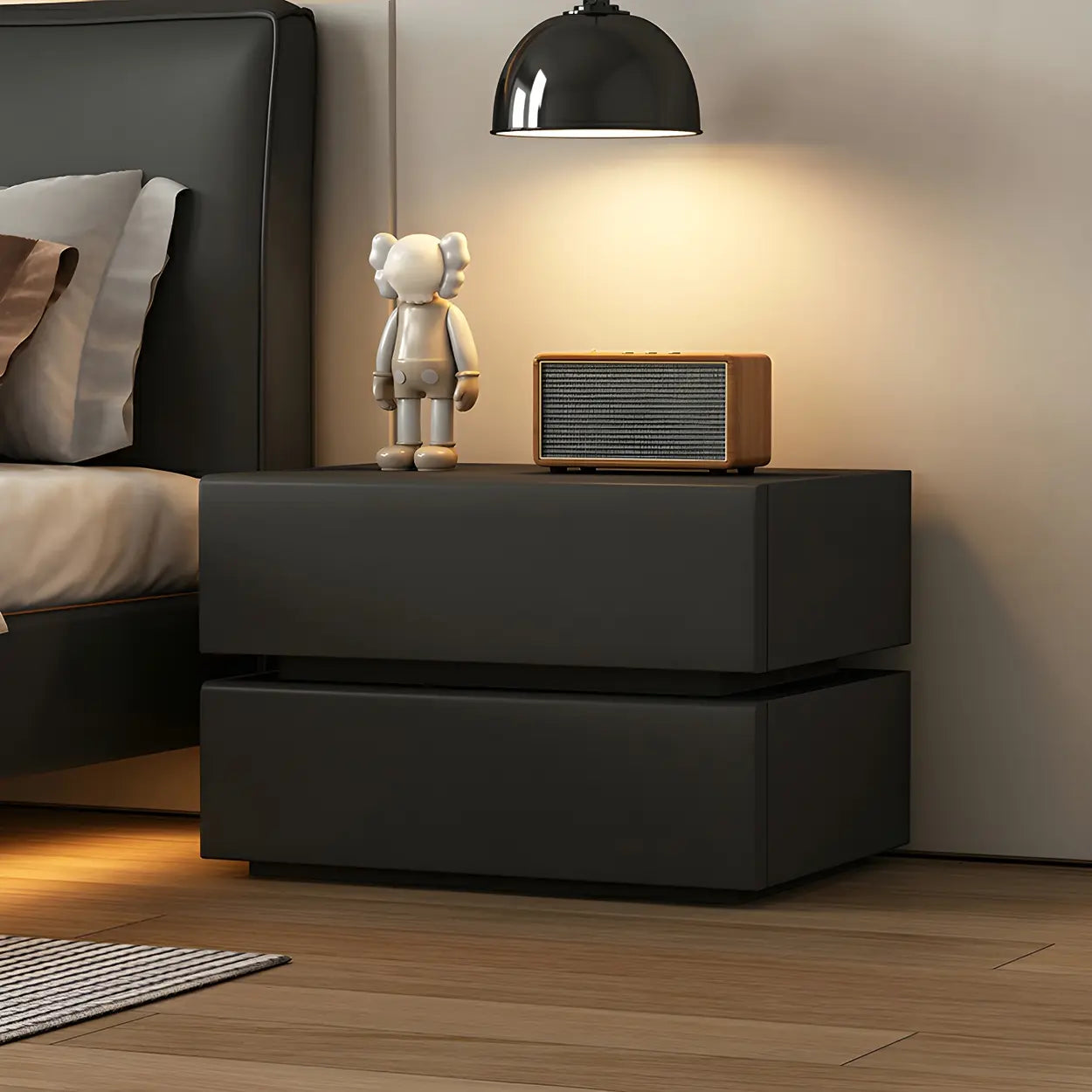 Unique Rectangular Off-White Wood Storage Nightstand — Black / 2 Piece Set
