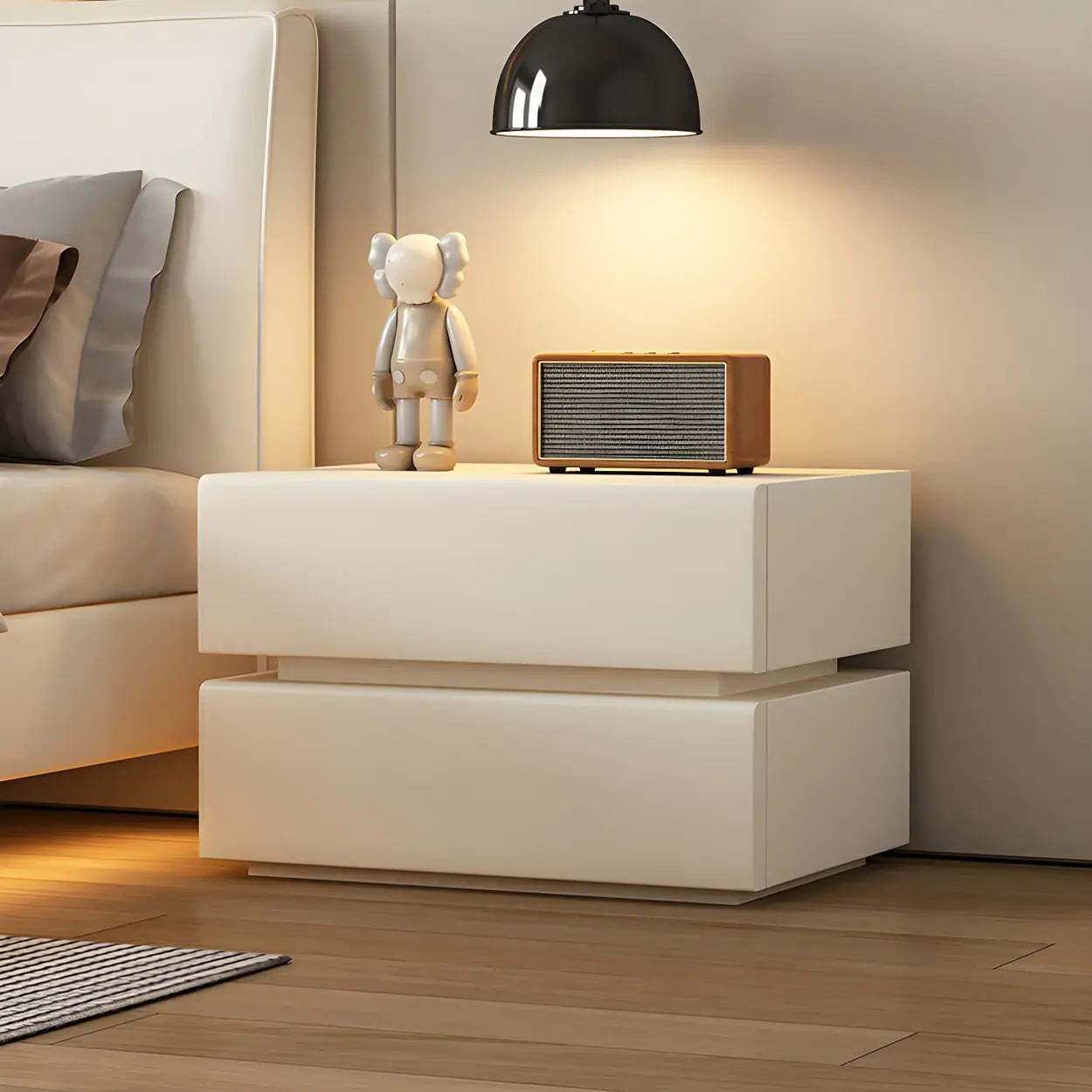 Unique Rectangular Off-White Wood Storage Nightstand — White / 2 Piece Set