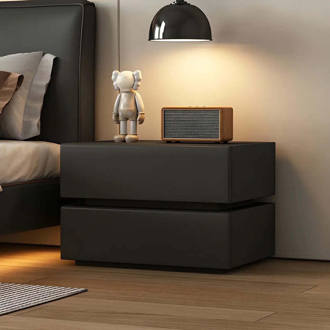 Unique Rectangular Off-White Wood Storage Nightstand — Black / 2 Piece Set